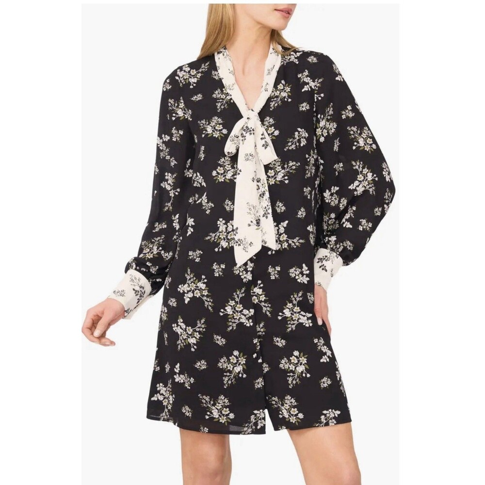 CECE Black &  White Floral Print, Tie Neck Long Sleeve Lined Shirt Dress Sz M